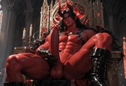 1boy 1dilf 1male 1man abs ai_generated balls ballsack biceps big_balls big_penis black_hair cock daddy demon devilworship dick handsome harness horns large_penis male male_nipples male_only master nipples nutsack pecs penis pointy_ears red_body red_eyes red_skin sitting_on_throne solo solo_male testicles throne