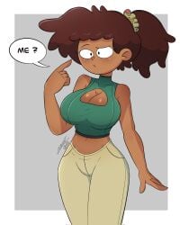 1girls ? aged_up amphibia amphibia_(finale) anne_boonchuy autart bare_shoulders belly belly_button big_breasts blush boob_window breasts brown_hair cleavage cleavage_cutout clothed crop_top dark-skinned_female dark_skin disney female female_only human human_only solo text