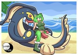 1boy 1girls alternate_color amy_rose artist_signature beach biting_lip biting_own_lip blush boots cowgirl_position crossover dress dress_lift eelektross female furry furry_female generation_5_pokemon green_amy green_body green_eyes green_hair headband hedgehog_girl interspecies male male_pokemon/female_anthro meme meme_reference ocean olympics penetration penis pokemon pokemon_(species) pokephilia pussy red_dress red_eyes sega seikatsueclipse sex size_difference sonic_(series) sonic_the_hedgehog_(series) teeth vaginal_penetration