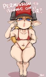 blonde_hair bottom_heavy ffxiv final_fantasy_xiv flat_chest imminent_sex lalafell micro_bikini oc oni_draws original original_character pear_shaped plump propositioning pubic_hair salute shortstack soldier thick_thighs