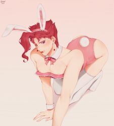 1boy 2020 all_fours arm_support bare_shoulders breasts breasts_out breasts_out_of_clothes bunny_boy bunny_costume bunny_ears bunny_tail bunnysuit crossdressing earrings fake_animal_ears gomi-cake gradient_background jojo's_bizarre_adventure kneeling legwear leotard male male_focus male_only nipple_slip nipples noriaki_kakyoin one_eye_closed pink_background pink_leotard purple_eyes red_hair simple_background solo solo_male stardust_crusaders white_legwear wrist_cuffs