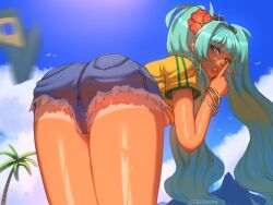 1girls ass bent_over big_ass big_lips big_thighs bikini brazil brazilian brazilian_female brazilian_miku breasts butt curemone cyan_eyes cyan_hair female female_only hatsune_miku latin_american_hatsune_miku_(meme) long_hair looking_at_viewer shirt shorts solo sweat tagme tan tan_body tan_line tan_lines tanline tanlines thick_hips thick_thighs thighs thong twintails vocaloid yellow_shirt