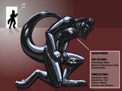 2014 anthro bondage bound chastity endium horn kneeling krazen lizard male male_chastity presenting reptile rubber rubber_suit scalie shiny text trapped yaoi