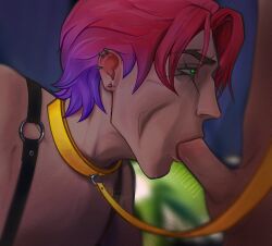 earrings gay heartsteel_kayn heartsteel_series heartsteel_yone kayn league_of_legends leash_pull male male_focus male_only oral oral_sex penis pink_hair purple_hair shiedyis side_view submissive_male sucking sucking_penis yaoi yone