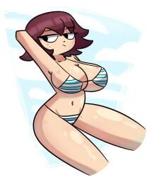 1girls arm_behind_head arm_up armpits black_eyes female freckles freckles_on_breasts freckles_on_face freckles_on_legs kim_pine mr-jess purple_hair scott_pilgrim short_hair solo solo_female striped_underwear underwear