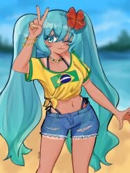 1girls blue_hair blush blushing blushing_female brazil brazilian brazilian_female brazilian_flag brazilian_miku countries country flower_in_hair geography hatsune_miku hips hispanic international jewelry jorts latin_american_hatsune_miku_(meme) necklace revealing_clothes ripped_jeans short_jeans skinny skinny_female skinny_girl south_america south_american tan_line tan_lines tanline tanlines vocaloid yellow_nail_polish yellow_nails