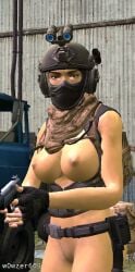 1girls 3d alyx_vance ash_walker brown_eyes garry's_mod gun half_life_2 looking_at_viewer no_panties no_pants oc open_clothing original_character pistol tactical tactical_gear tactical_gloves tan_skinned_female w0wzer609