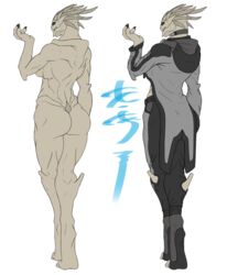 alien ass big_butt blue_eyes breasts clothed clothing female mandibles mass_effect muscles muscular_female nude omnoproxy omnoproxyl337 plain_background pose ricofox smile solo standing thick_thighs thighs turian video_games wide_hips