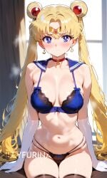 abdomen ai_generated angry angry_face bangs bishoujo_senshi_sailor_moon black_panties blonde_hair blue_bra blue_eyes blush bra breasts chocker collar flushed flushed_face gloves illyfurina legs lingerie long_hair looking_at_viewer magical_girl navel pale-skinned_female pale_skin panties sailor_collar sailor_moon seducing seduction seductive shy sitting skinny small_boobs small_breasts stable_diffusion sweat tiara twintails usagi_tsukino waist watermark