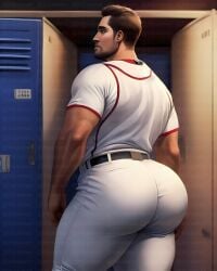 1boy ai ai_generated baseball_(sport) baseball_cap baseball_uniform big_ass big_ass_(male) big_butt brown_hair bubble_butt huge_ass huge_butt male male_only solo solo_male thicaimen tight_pants