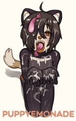 anthro condom cum cum_covered dark_fur female filled_condom flan_(puppyemonade) hair kneeling looking_at_viewer nails naked nose_piercing one_eye_obstructed open_mouth pawpads piercing puppyemonade solo tail tongue tongue_out watermark