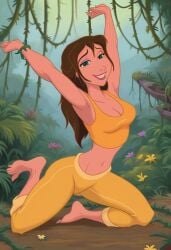 1girls ai_generated ass bare_shoulders barefoot bigmic145 blue_eyes breasts brown_hair brown_hair_female cleavage crop_top dirty_feet disney disney_princess feet female female_only jane_porter jungle jungle_girl legs medium_breasts midriff mud muddy navel solo solo_female tarzan_(1999_film) yoga yoga_pants