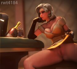 1boy 1boy1girl 1girls 3d angela_ziegler armwear blizzard_entertainment bottle breasts dress exposed_pussy fancy_clothing female female_focus formalwear_mercy gloves hi_res high_resolution highres large_breasts long_gloves mercy overwatch pubic_hair pussy rwt4184 simple_background wine