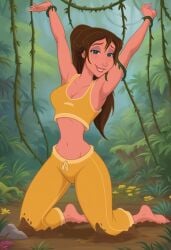 1girls ai_generated ass bare_shoulders barefoot bigmic145 blue_eyes breasts brown_hair brown_hair_female cleavage crop_top dirty_feet disney disney_princess feet female female_only jane_porter jungle jungle_girl legs medium_breasts midriff mud muddy navel solo solo_female tarzan_(1999_film) yoga yoga_pants