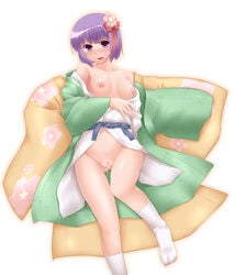 breasts female fingering flower hair_flower hair_ornament haori hieda_no_akyuu highres kimono masturbation nipples no_bra no_panties off_shoulder open_clothes open_kimono purple_eyes purple_hair pussy robe short_hair solo tabi touhou yoshi_tama