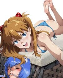 2girls ass asuka_langley_sohryu bare_legs bare_shoulders barefoot bikini blue_eyes blue_hair bondage crying dominant_female edit edited_image feet feet_up femdom gag happy happy_dom humiliation long_hair lying lying_on_bed lying_on_stomach mocking neon_genesis_evangelion open_smile orange_hair rei_ayanami sad_sub short_hair smile smiling smiling_at_viewer soles submissive_female tears thong thong_bikini toes