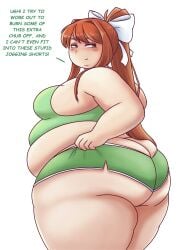 1girls bbw big_breasts bludkus color commission doki_doki_literature_club english_text fat fat_ass fat_thighs green_eyes huge_belly lewddoodler monika_(doki_doki_literature_club) plump ponytail shorts tagme talking_to_self thick_thighs workout_clothes