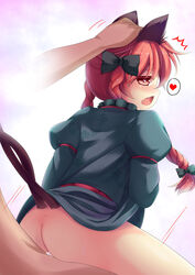 animal_ears ass blush braid cat_ears cat_tail cowgirl_position cum cum_in_pussy cum_inside cute_fang hand_on_head heart heart_eyes highres long_hair multiple_tails niiya no_panties open_mouth petting profile red_eyes red_hair reverse_cowgirl_position rin_kaenbyou saliva sex spoken_heart straddle symbol-shaped_pupils tail touhou twin_braids