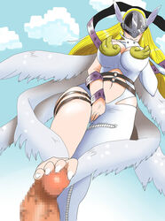 1boy 1girls angel_wings angewomon asymmetrical_clothes between_legs blonde_hair breasts censored cleavage cleavage_cutout digimon digimon_adventure footjob gloves hand_between_legs head_wings helmet large_breasts long_hair masturbation mosaic_censoring multi_wing navel navel_cutout penis ribbon saka_i_hirokadu single_elbow_glove single_glove tetuokuu3012 white_gloves wings zipper