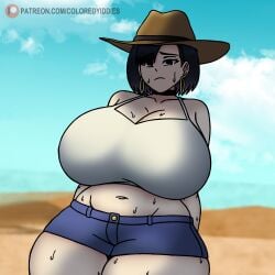 2024 chubby coloredyiddies cowboy_hat desert huge_breasts lei_(coloredyiddies) midriff nervous oc original_character short_shorts sweat tank_top