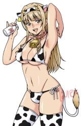 1futa bangs bikini blonde_hair breasts clothed clothing cow_print dickgirl flaccid futanari human light-skinned_futanari light_skin long_hair mostly_nude nut-chan solo standing xter xtermination