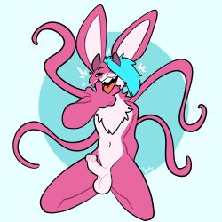 absurd_res anthro balls concubus cunnilingus_gesture erection genitals gesture hair hi_res horn ikarsi_(lloxie) lagomorph leporid male male_only mammal penis rabbit solo suggestive suggestive_gesture teal_hair tentacle xing1