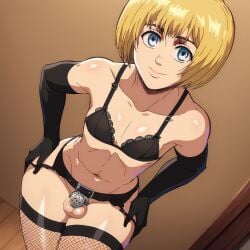 ai_generated armin_arlert attack_on_titan black_bra black_fishnet_legwear black_gloves blonde_hair blue_eyes boy chastity_cage chastity_device cumming femboy flat_chest girly girly_boy hands_on_hips smiling smiling_at_viewer solo solo_male thick_ass thick_thighs trap zorg98