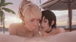 1boy 2girls 3d 3d_(artwork) 3d_animation animated beach blender_eevee blonde_hair blowjob brown_hair choker collaborative_fellatio double_fellatio fellatio ffm_threesome final_fantasy final_fantasy_xv iris_amicitia kissing_penis lazyprocrastinator licking licking_penis lunafreya_nox_fleuret no_sound nude nude_female oral outdoors pov sex short_hair sucking_penis tagme teenage_girl teenager threesome video