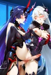 ai_generated angry cowboy_shot doggy_style erection from_side futanari gerumusi grabbing_another's_breast grabbing_from_behind honkai_impact_3rd indoors kiana_kaslana_(herrscher_of_the_void) long_hair medium_breasts night purple_eyes purple_hair raiden_mei_(herrscher_of_thunder) seductive sex_from_behind spread_legs standing_on_one_leg standing_sex steaming_body testicles trembling white_hair yellow_eyes