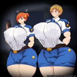 2girls animated animated big_breasts breast_expansion breasts cop female female_focus female_only hataraki_ari huge_breasts large_breasts massive_breasts multiple_girls police police_officer police_uniform policewoman tagme