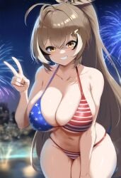 ai_generated ameanon american_flag_bikini big_breasts breasts brown_hair cleavage fireworks hololive hololive_english hololive_english_-council- hololive_english_-promise- huge_breasts large_breasts nanashi_mumei night peace_sign sideboob thick_thighs underboob virtual_youtuber