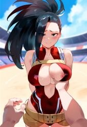 1boy 1girls ai_generated arms_behind_back boku_no_hero_academia breast_grab grabbing_another's_breast large_breasts leotard momo_yaoyorozu my_hero_academia nipple_slip pov public revealing_clothes smile solo tittyg-ai