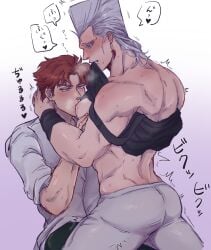 2boys ass big_ass biting_shirt blue_eyes clothed clothed_male gay hand_behind_another's_head hand_on_another's_chest hand_on_chest hand_on_pecs high_resolution japanese_text jean_pierre_polnareff jojo's_bizarre_adventure light-skinned_male light_skin looking_at_another looking_down looking_pleasured male/male male_focus male_only moaning muscular muscular_male nipple_play noriaki_kakyoin purple_eyes red_hair sensitive_nipples shirt_lift silver_hair simple_background spasms stardust_crusaders sucking_nipple text thick_thighs tremble_lines trembling white_hair yaoi