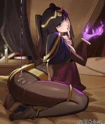 1girls absurdres anklet artist_name ass bed_sheet bedroom bedroom_eyes big_ass black_cape black_hair blunt_bangs bodystocking bracelet breasts bridal_gauntlets brown_pantyhose candle cape censored censored_feet circlet dripping feet female female_only finger_to_mouth fire fire_emblem fire_emblem_awakening full_body glowing gold_trim goth grey_eyes hands_up highres indoors jewelry kneeling l4wless legs liquid long_hair looking_at_viewer lotion magic medium_breasts nintendo no_shoes oiled on_bed pantyhose pyrokinesis shadow soles solo suggestive teeth tharja_(fire_emblem) thighlet thighs tiara toes twitter_username two-tone_cape two_side_up