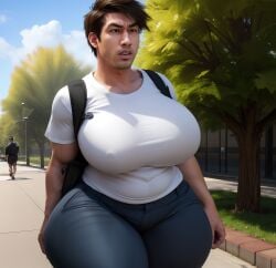 1boy ai ai_generated backpack big_breasts bra breasts_bigger_than_head busty busty_boy feminization feminized_male jackvinsanity male_breasts male_tits male_with_breasts thick_thighs voluptuous_male wide_hips