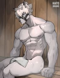 bara furry furry_male furry_only gay hoyoverse kaito_draws pubes pubic_hair sauna solo solo_male towel_only von_lycaon zenless_zone_zero