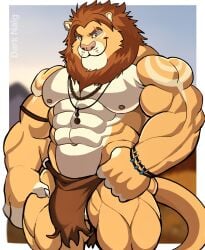 2024 abs anthro bottomwear bracelet clothed clothing darknaigart detailed_background ear_piercing ear_ring eyebrow_scar eyebrows facial_scar felid hi_res jewelry lion loincloth male mammal muscular muscular_anthro muscular_male navel necklace nipples pantherine pecs piercing ring_piercing scar smile smirk solo tattoo