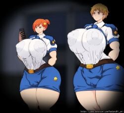 2girls animated big_breasts breast_expansion breasts cop female female_focus female_only gigantic_breasts hataraki_ari huge_breasts large_breasts massive_breasts multiple_girls police police_officer police_uniform policewoman tagme