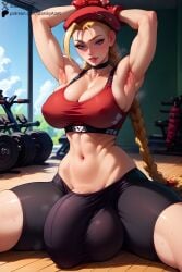 1futa ai_generated arms_up bike_shorts blonde_hair blue_eyes blush bulge cammy_white fit_futanari flaccid futa_only futanari gym huge_balls huge_breasts huge_cock large_breasts looking_at_viewer midriff nipple_bulge penis_peek presenting sports_bra starskyai steam steaming_body street_fighter sweat thick_thighs