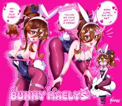 1girls absurd_res blush breasts brown_eyes brown_hair bunny_ears bunny_tail bunnysuit closed_eyes detached_collar dialogue english_text female female_only heart long_hair looking_at_viewer maelys_(rhymewithray) neck_ribbon pantyhose pink_background rhymewithracy smiling smiling_at_viewer solo speech_bubble talking_to_viewer text tied_hair very_high_resolution