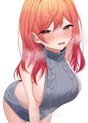 1girls blush breasts embarrassed female female_only heavy_breathing hololive hololive_dev_is hololive_japan ichijou_ririka light-skinned_female light_skin meme_attire nose_blush orange_eyes orange_hair shina_eno sideboob solo sweater virgin_killer_sweater virtual_youtuber