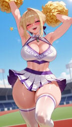 1girl 1girls ahoge ai_generated armpits arms_up balecxi bare_shoulders blonde_hair blue_sky blush braid breasts cheering cheerleader cleavage cleavage_cutout clothing clothing_cutout crop_top curvaceous curvaceous_female curvaceous_figure curvy curvy_figure day evelyn_chevalier female female_focus hair_intakes holding holding_pom_poms hoyoverse inviting inviting_to_sex large_breasts legwear looking_at_viewer midriff mihoyo miniskirt navel one_eye_closed open_mouth outdoors pleated_skirt pom_pom_(cheerleading) pom_poms presenting presenting_ass presenting_breasts presenting_hindquarters presenting_self purple_eyes seductive seductive_look seductive_smile skirt sky smile solo stadium thick_thighs thighhighs thighs voluptuous voluptuous_female white_legwear white_skirt white_thighhighs wide_hips zenless_zone_zero