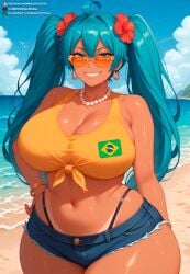 (meme) ai_generated beach big_breasts blue_eyes blue_hair bottom_heavy brazil brazilian brazilian_female brazilian_flag brazilian_miku bubble_butt chubby_female crop_top dark_skin dat_ass ear_piercing female female_only front_view gyaru hatsune_miku hyper latina long_hair mindovertease shorts slutty_clothing sweaty tan_lines tanned tanned_skin thick thick_body thick_thighs twintails venus_body vocaloid wide_hips