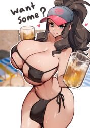 1futa beach beer big_breasts big_penis bikini blue_eyes breasts brown_hair bulge clothed clothing erection eyepatch_bikini flaccid futa_only futanari game_freak hat hi_res hilda_(pokemon) human large_breasts licking_own_lips light-skinned_futanari light_skin long_hair mostly_nude nintendo penis penis_bulge pokemon pokemon_bw solo sweat text thick_thighs unbeller wide_hips