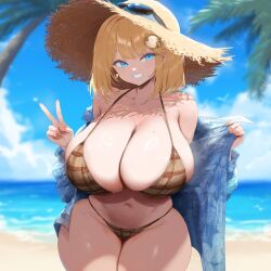 ai_generated ameanon beach big_breasts bikini blonde_hair blue_eyes breasts brown_bikini cleavage hololive hololive_english hololive_myth huge_breasts large_breasts mommy peace_sign plaid sideboob straw_hat thick_thighs virtual_youtuber vtuber watson_amelia