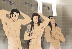 3boys avatar_legends gay ichan mako male male_only muscles muscular muscular_male pubic_hair shower smooth_skin straight_hair the_legend_of_korra uncensored water