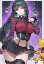 abra bangs big_breasts black_hair breasts choker cross_earrings earrings female goth goth_girl hourglass_figure hourglass_figured_female jewelry long_hair looking_at_viewer pokeball pokemon pokemon_(species) red_eyes sabrina_(pokemon) skirt skirt_pull tagme thick_thighs thighhighs thighs unknown_artist