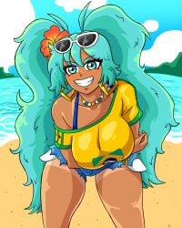 1girls beach big_breasts blue_eyes blue_hair brazil brazilian brazilian_female brazilian_miku breasts hatsune_miku holding_breast huge_breasts jewelry latin_american_hatsune_miku_(meme) solo_female superspacewarrior tan_skin tanlines thick_thighs thighs vocaloid