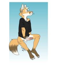 anthro balls bartek22 black_clothing black_shirt black_topwear bodily_fluids canid canine chris_the_fox_(bartek22) circumcised circumcision_scar clothed clothing dripping ear_piercing ears_up erection feet fox fur genital_fluids genital_scar genitals half_clothed half_naked hi_res humanoid_genitalia humanoid_penis male mammal orange_body orange_fur penis piercing precum precum_drip scar shirt sitting solo tail topwear