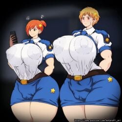 2girls animated belly_expansion big_breasts breast_expansion breasts cop female female_focus female_only hataraki_ari huge_breasts large_breasts massive_breasts multiple_girls police police_officer police_uniform policewoman pregnant rapid_pregnancy tagme